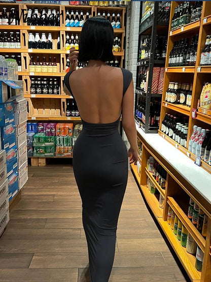 TAMBREET Nibber Solid Sexy Backless Maxi Dress Women Elegant Elastic Slim Short Sleeve Long dresses Female Bodycon Streetwear Clothing