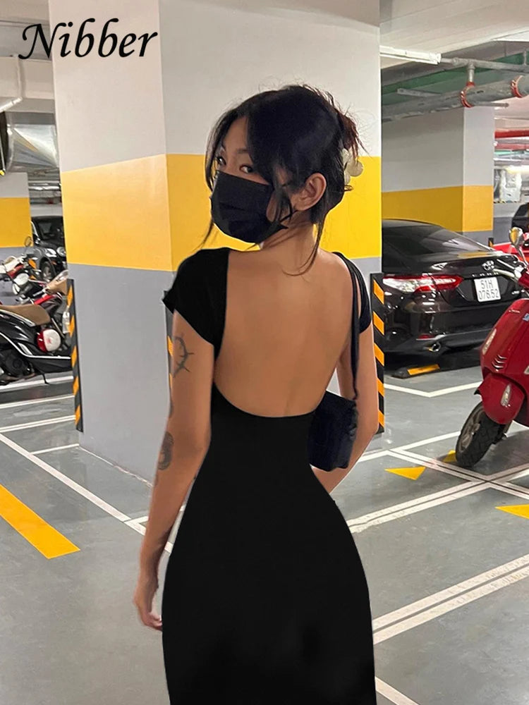 TAMBREET Nibber Solid Sexy Backless Maxi Dress Women Elegant Elastic Slim Short Sleeve Long dresses Female Bodycon Streetwear Clothing