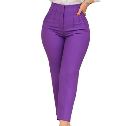 TAMBREET Ninth-Length Women Trousers High Waist Pleated Pockets Solid Color Straight Leg Suit Pants Ninth Trousers Office Pants