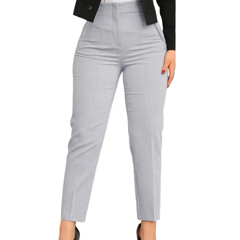 TAMBREET Ninth-Length Women Trousers High Waist Pleated Pockets Solid Color Straight Leg Suit Pants Ninth Trousers Office Pants