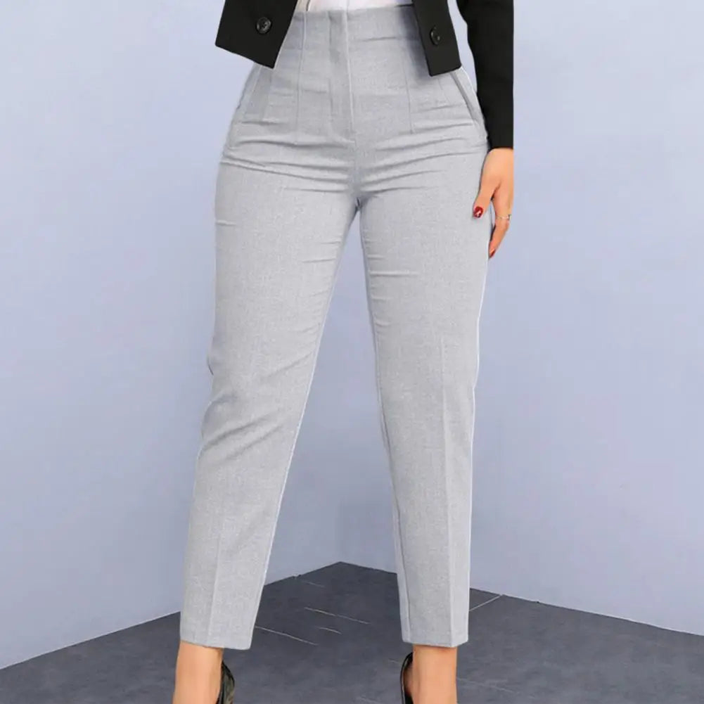 TAMBREET Ninth-Length Women Trousers High Waist Pleated Pockets Solid Color Straight Leg Suit Pants Ninth Trousers Office Pants