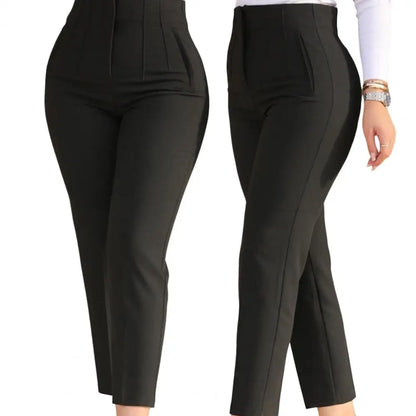 TAMBREET Ninth-Length Women Trousers High Waist Pleated Pockets Solid Color Straight Leg Suit Pants Ninth Trousers Office Pants