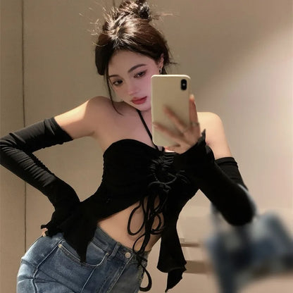 TAMBREET Off Shoulder Crop Top For Women Halterneck  Slim Fit Sexy Base Shirt Spring Summer