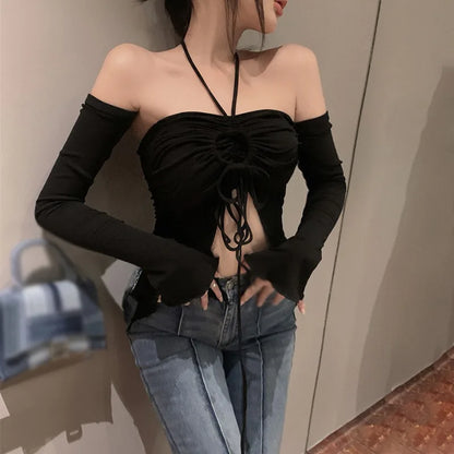 TAMBREET Off Shoulder Crop Top For Women Halterneck  Slim Fit Sexy Base Shirt Spring Summer