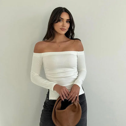 TAMBREET Off-Shoulder Sexy Slim Long Sleeve Tshirt Y2K Elegant 2025 Spring New Women Solid Color Hem Open Fork Split Basic Top