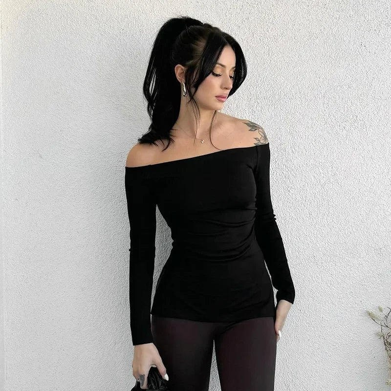 TAMBREET Off-Shoulder Sexy Slim Long Sleeve Tshirt Y2K Elegant 2025 Spring New Women Solid Color Hem Open Fork Split Basic Top