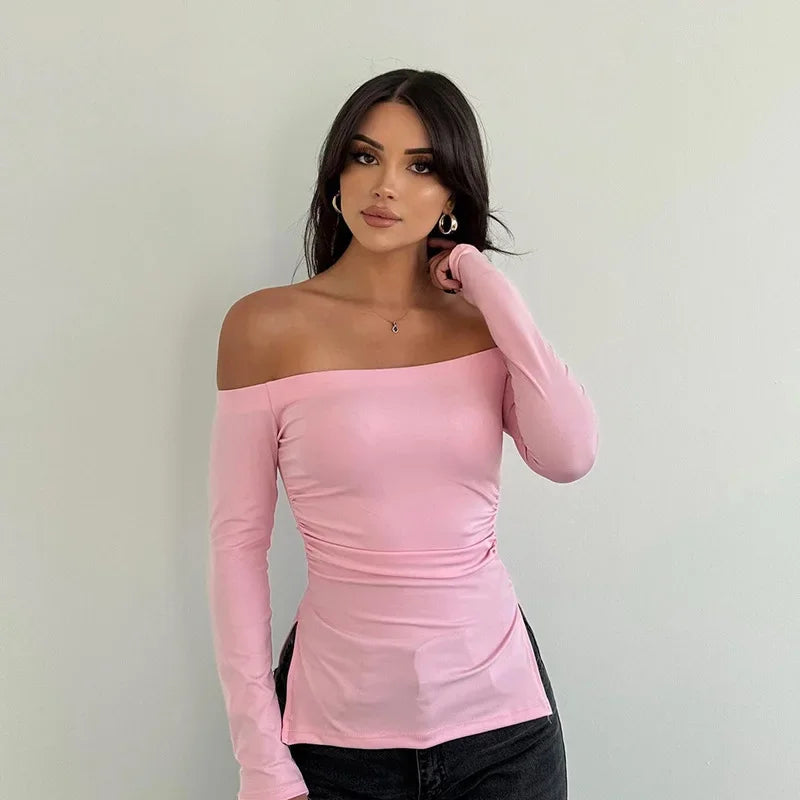 TAMBREET Off-Shoulder Sexy Slim Long Sleeve Tshirt Y2K Elegant 2025 Spring New Women Solid Color Hem Open Fork Split Basic Top