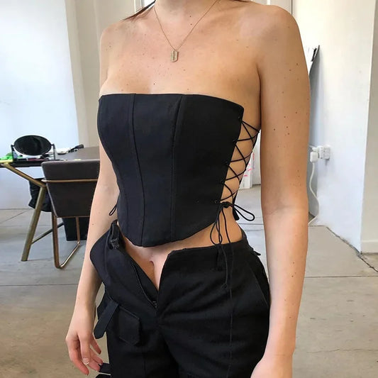 TAMBREET Off Shoulder Strapless Lace Up Sexy Bustier Corset Crop Tops for Women Black Sleeveless Vest Top Cropped Feminino