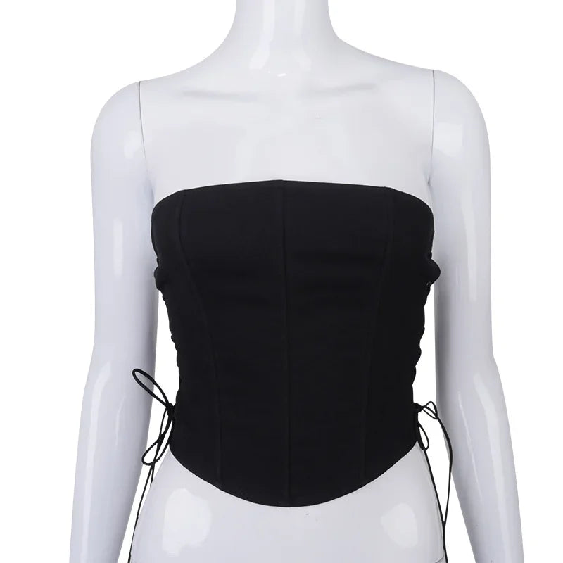 TAMBREET Off Shoulder Strapless Lace Up Sexy Bustier Corset Crop Tops for Women Black Sleeveless Vest Top Cropped Feminino