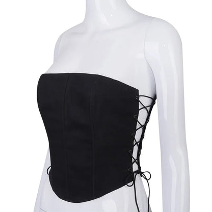 TAMBREET Off Shoulder Strapless Lace Up Sexy Bustier Corset Crop Tops for Women Black Sleeveless Vest Top Cropped Feminino