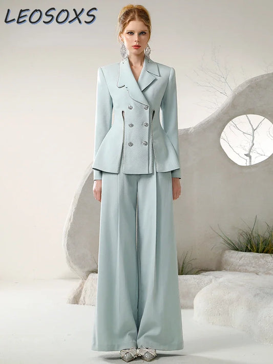 TAMBREET Office Lady Commuter Suit Autumn and Winter Drill Chain Irregular Blazer Jacket Wide Leg Trousers Set Women's Pants 2 Piece Set