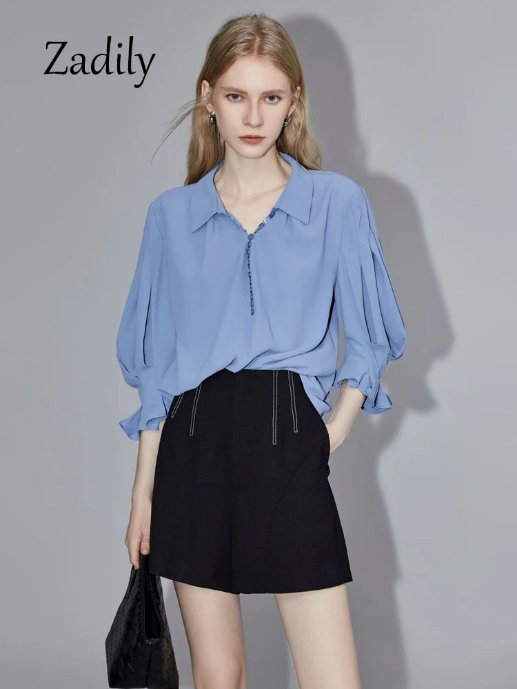 TAMBREET Office Lady Half Puff Sleeve Women Loose Shirt 2024 Summer Turn Down Collar Button Blouse Work Female Clothing Thin Tops