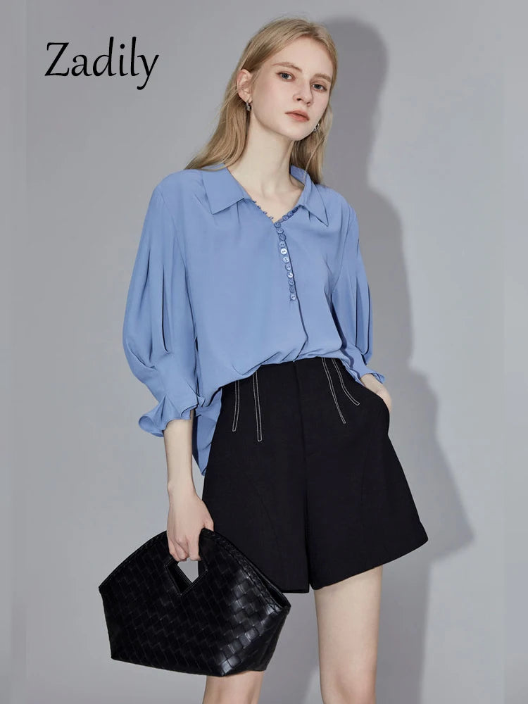 TAMBREET Office Lady Half Puff Sleeve Women Loose Shirt 2024 Summer Turn Down Collar Button Blouse Work Female Clothing Thin Tops