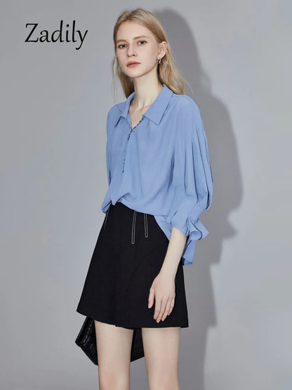 TAMBREET Office Lady Half Puff Sleeve Women Loose Shirt 2024 Summer Turn Down Collar Button Blouse Work Female Clothing Thin Tops