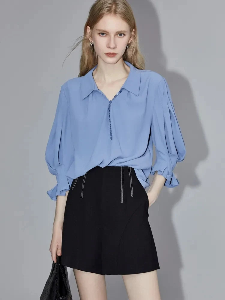 TAMBREET Office Lady Half Puff Sleeve Women Loose Shirt 2024 Summer Turn Down Collar Button Blouse Work Female Clothing Thin Tops