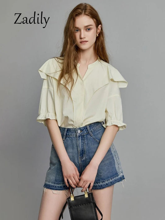 TAMBREET Office Lady Short Sleeve Ruffles Women Cotton Shirt 2024 Summer Button Up Loose Work Shirts Solid Color Blouse Female Clothing