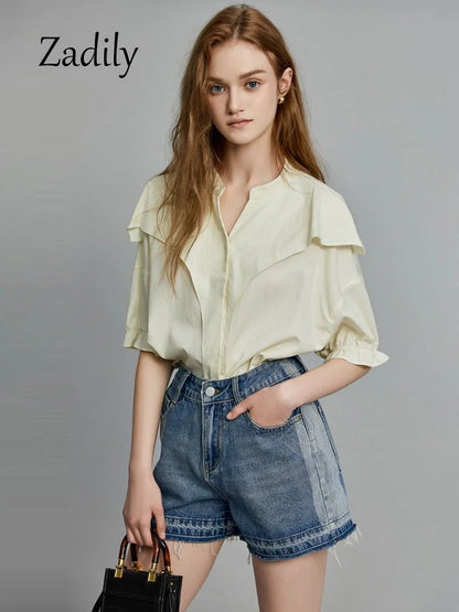 TAMBREET Office Lady Short Sleeve Ruffles Women Cotton Shirt 2024 Summer Button Up Loose Work Shirts Solid Color Blouse Female Clothing