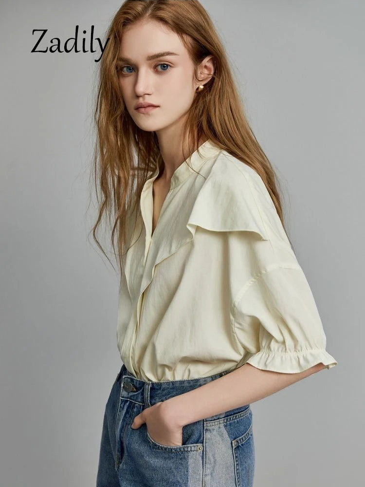 TAMBREET Office Lady Short Sleeve Ruffles Women Cotton Shirt 2024 Summer Button Up Loose Work Shirts Solid Color Blouse Female Clothing