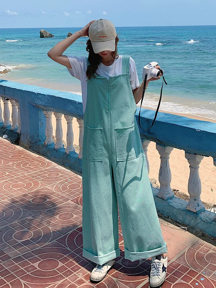 TAMBREET Overalls for Women Streetwear Chic Hip Hop Loose Cotton Green Strap Jumpsuit 2024 Summer Female Wide Leg Cargo Pants Rompers C62