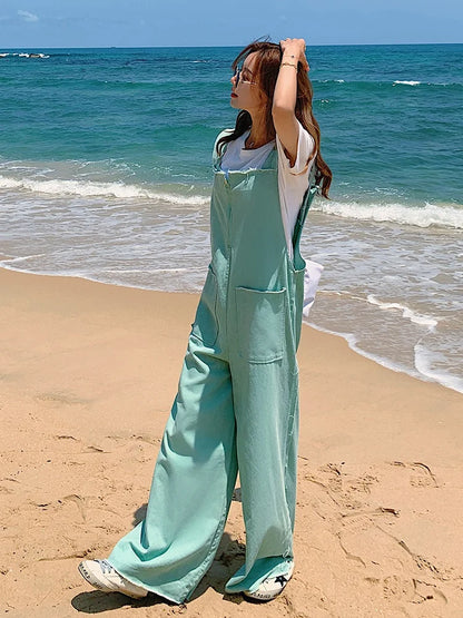 TAMBREET Overalls for Women Streetwear Chic Hip Hop Loose Cotton Green Strap Jumpsuit 2024 Summer Female Wide Leg Cargo Pants Rompers C62