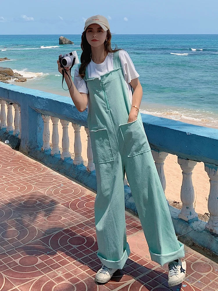 TAMBREET Overalls for Women Streetwear Chic Hip Hop Loose Cotton Green Strap Jumpsuit 2024 Summer Female Wide Leg Cargo Pants Rompers C62