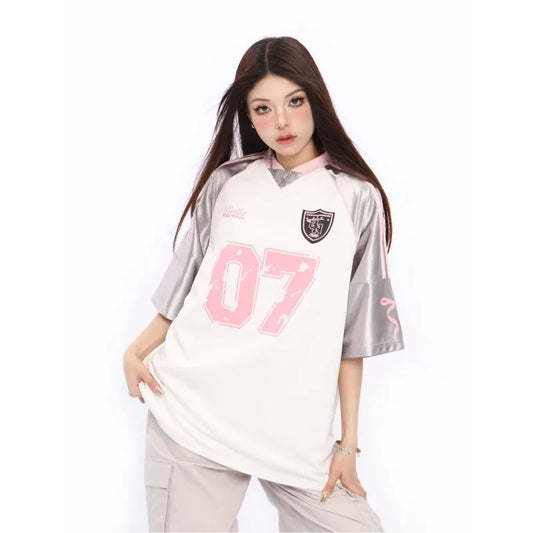 TAMBREET Oversized American Style Shoulder Patch Short Sleeved T-shirt Women Summer Silver Top Half Sleeved Couple V-neck Sports Jersey