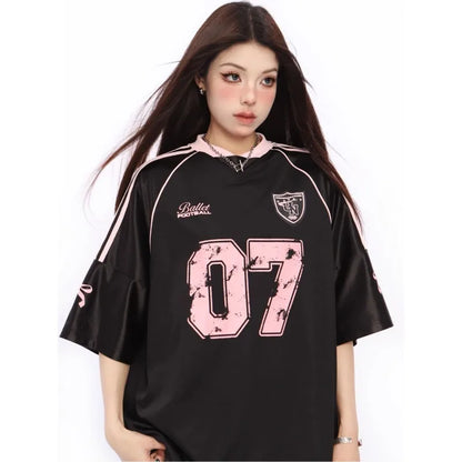 TAMBREET Oversized American Style Shoulder Patch Short Sleeved T-shirt Women Summer Silver Top Half Sleeved Couple V-neck Sports Jersey