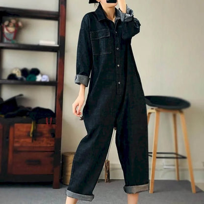 TAMBREET Oversized Denim Jumpsuit Suit Women Blue Denim Long Sleeve Playsuits High Waist New Fashion Tops Casual One Piece Outfit Women