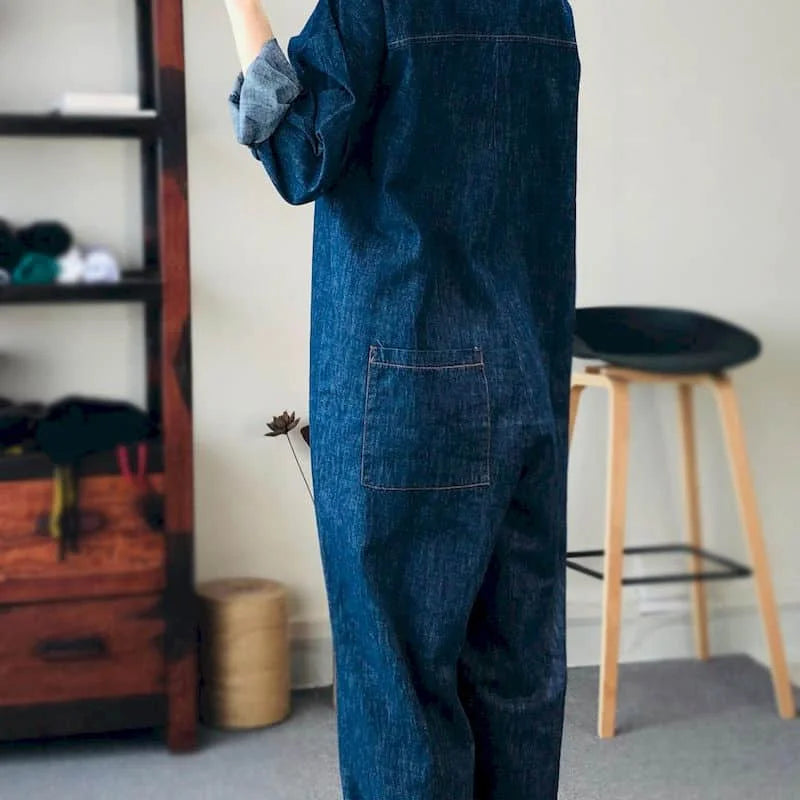 TAMBREET Oversized Denim Jumpsuit Suit Women Blue Denim Long Sleeve Playsuits High Waist New Fashion Tops Casual One Piece Outfit Women