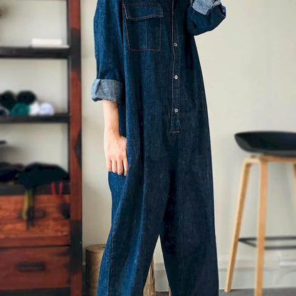 TAMBREET Oversized Denim Jumpsuit Suit Women Blue Denim Long Sleeve Playsuits High Waist New Fashion Tops Casual One Piece Outfit Women