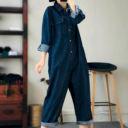 TAMBREET Oversized Denim Jumpsuit Suit Women Blue Denim Long Sleeve Playsuits High Waist New Fashion Tops Casual One Piece Outfit Women