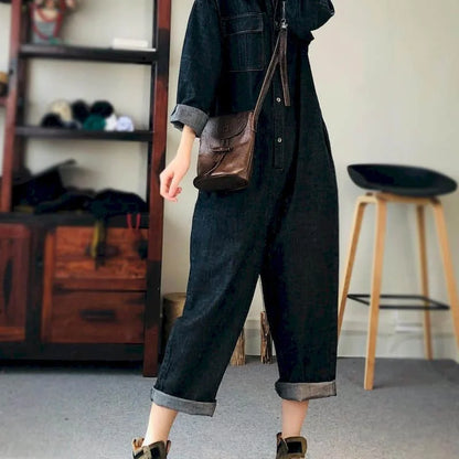 TAMBREET Oversized Denim Jumpsuit Suit Women Blue Denim Long Sleeve Playsuits High Waist New Fashion Tops Casual One Piece Outfit Women