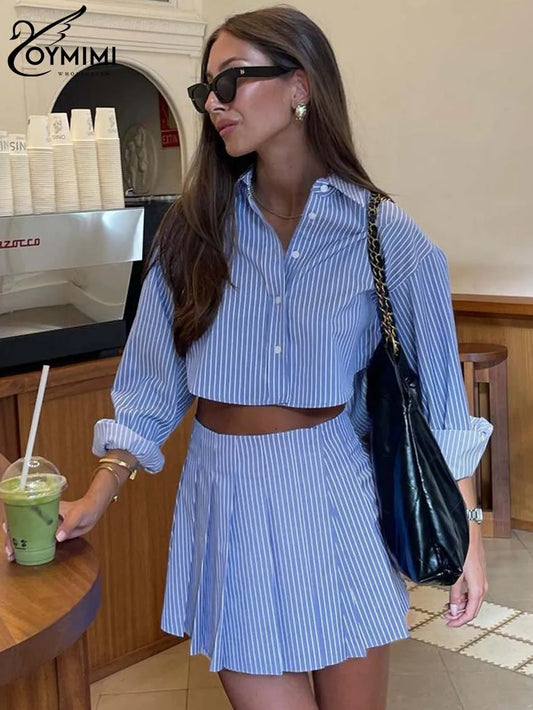 TAMBREET  Oymimi Elegant Blue Striped Print Sets For Women 2 Pieces Fashion Long Sleeve Button Crop Tops And High Waist Pleated Skirts Set