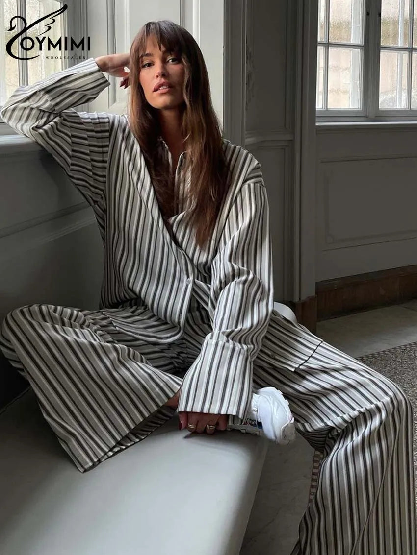 TAMBREET Oymimi Fashion Grey Striped Print Women Two Piece Set Casual Lapel Button Long Sleeve Shirts And Straight Full Length Pants Sets