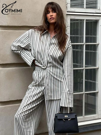 TAMBREET Oymimi Fashion Grey Striped Print Women Two Piece Set Casual Lapel Button Long Sleeve Shirts And Straight Full Length Pants Sets