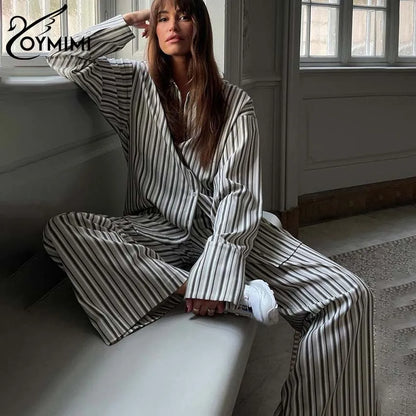 TAMBREET Oymimi Fashion Grey Striped Print Women Two Piece Set Casual Lapel Button Long Sleeve Shirts And Straight Full Length Pants Sets