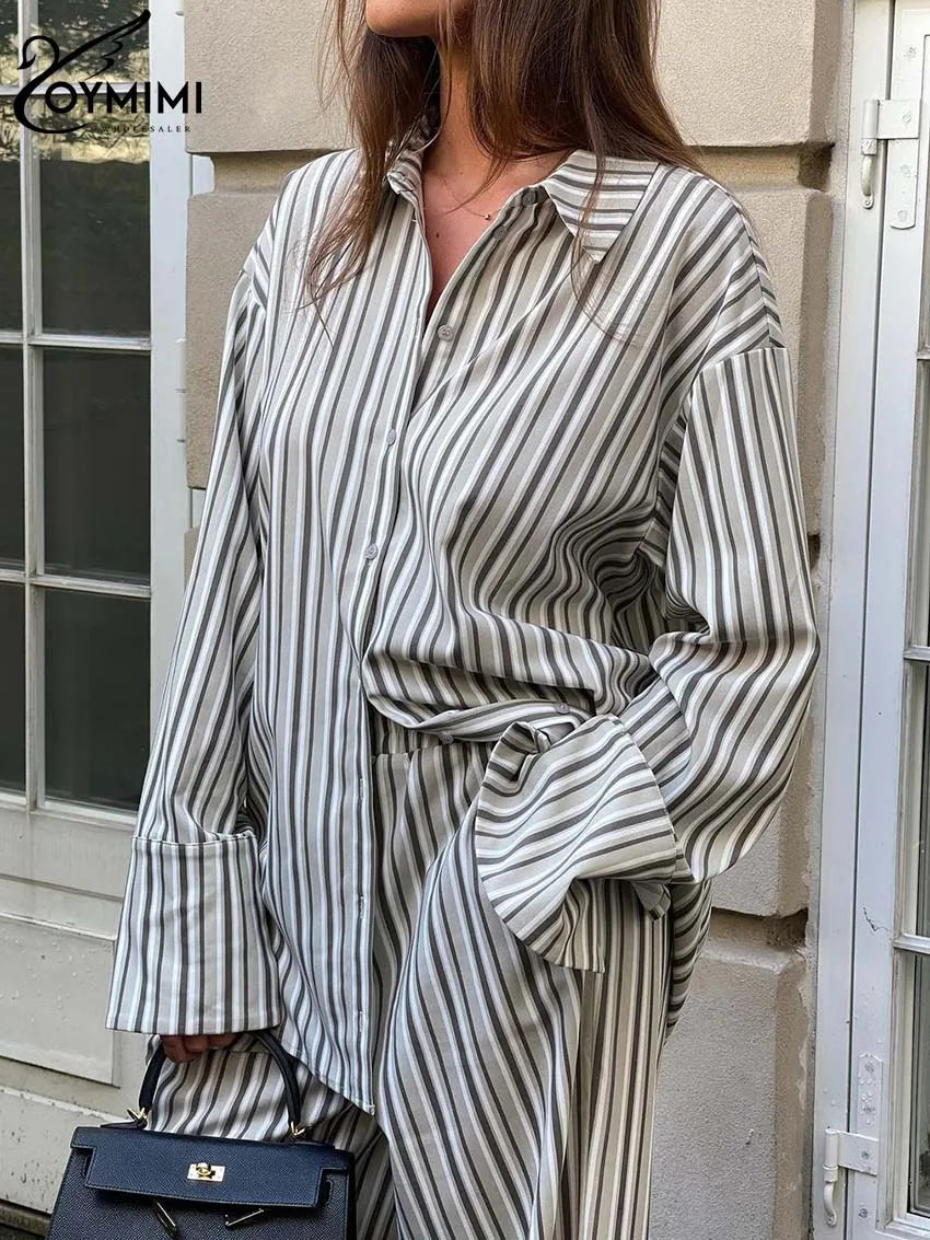 TAMBREET Oymimi Fashion Grey Striped Print Women Two Piece Set Casual Lapel Button Long Sleeve Shirts And Straight Full Length Pants Sets