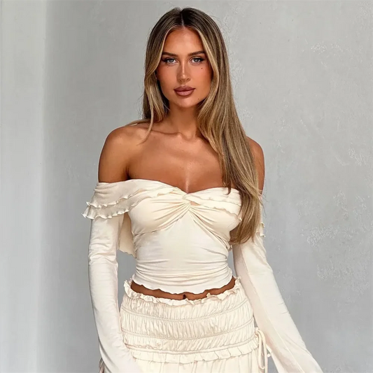 TAMBREET PB&ZA 2024 Spring New Women's Fashion and Elegance Slim Fit Versatile One Shoulder Short Top Waist Fold Half Skirt Set