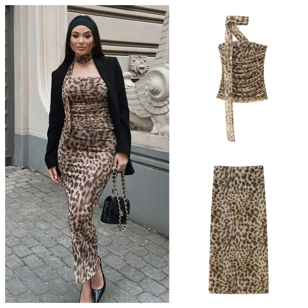 TAMBREET PB&ZA 2024 Spring and Summer New Women's Leopard Print Tulle Tube Top High Waist Midi Skirt Two-piece Set