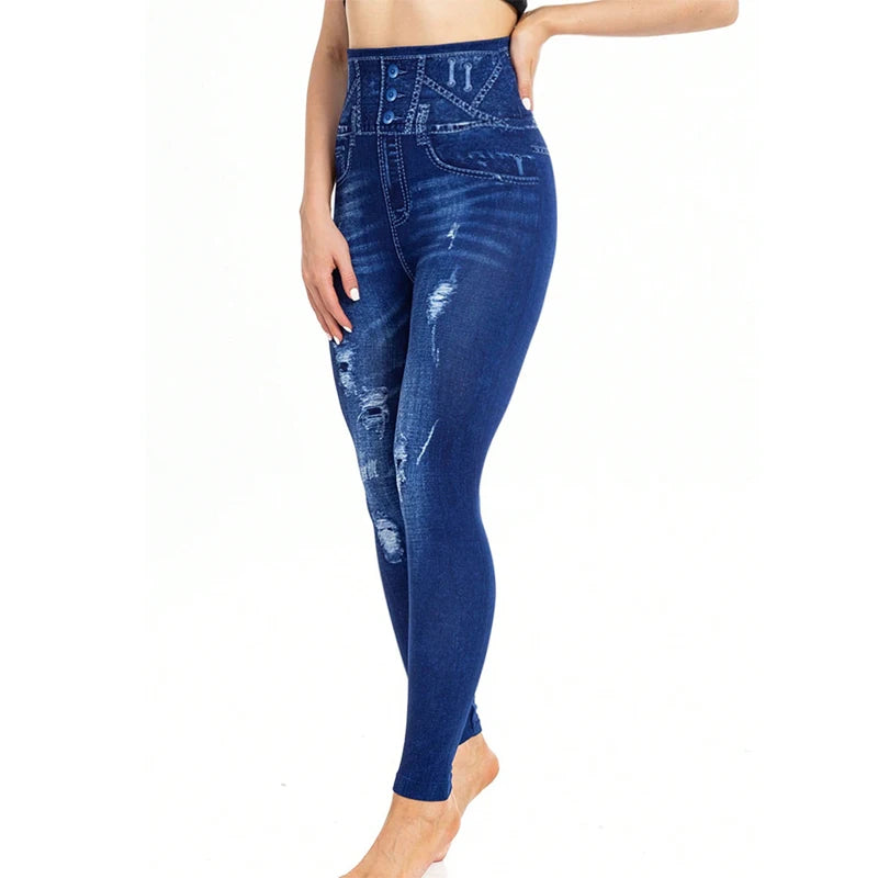 TAMBREET PD474 European and American Casual Fashion Imitation Denim Leggings with High Elasticity Cropped Pants for Women