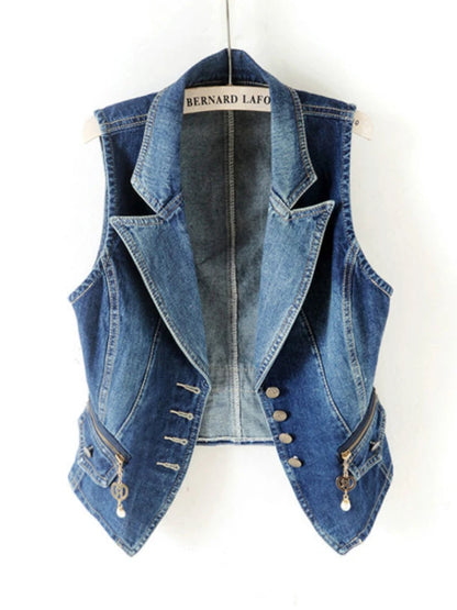 TAMBREET PTKPCC Casual Female Tops Women Denim Vest Jacket Spring Autumn Clothes Sleeveless Short Jeans Waistcoats Single-Breasted 5XL