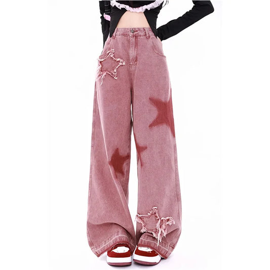 TAMBREET Pink Jeans Women Letters Print High Waist American Street Wide Leg Denim Hip Hop Fashion Retro Straight Y2K Winter Denim Trouser