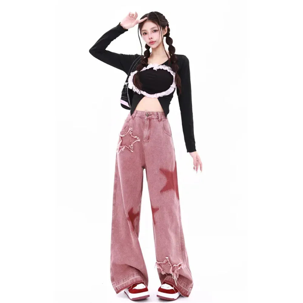 TAMBREET Pink Jeans Women Letters Print High Waist American Street Wide Leg Denim Hip Hop Fashion Retro Straight Y2K Winter Denim Trouser