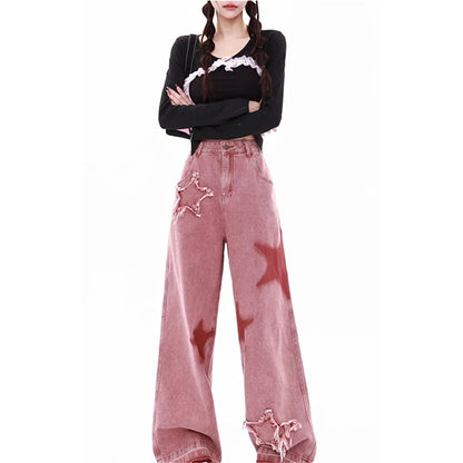 TAMBREET Pink Jeans Women Letters Print High Waist American Street Wide Leg Denim Hip Hop Fashion Retro Straight Y2K Winter Denim Trouser