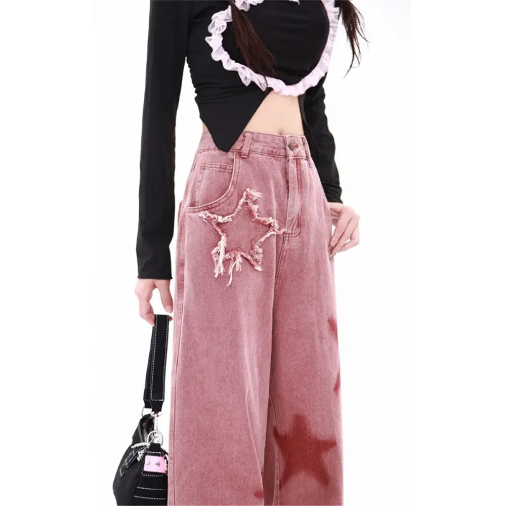 TAMBREET Pink Jeans Women Letters Print High Waist American Street Wide Leg Denim Hip Hop Fashion Retro Straight Y2K Winter Denim Trouser