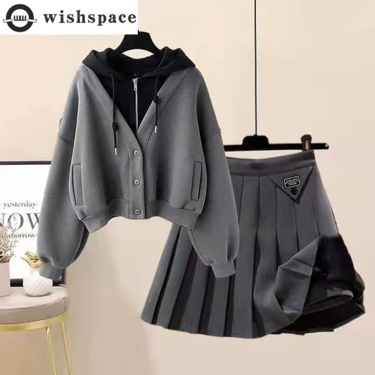 TAMBREET Plush Thickened Casual Long Sleeved Hooded Mini Pleated Skirt Two-piece Set Fashionable Women's Skirt Set