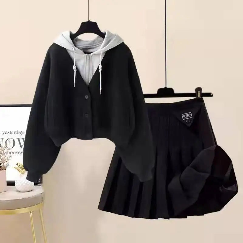 TAMBREET Plush Thickened Casual Long Sleeved Hooded Mini Pleated Skirt Two-piece Set Fashionable Women's Skirt Set