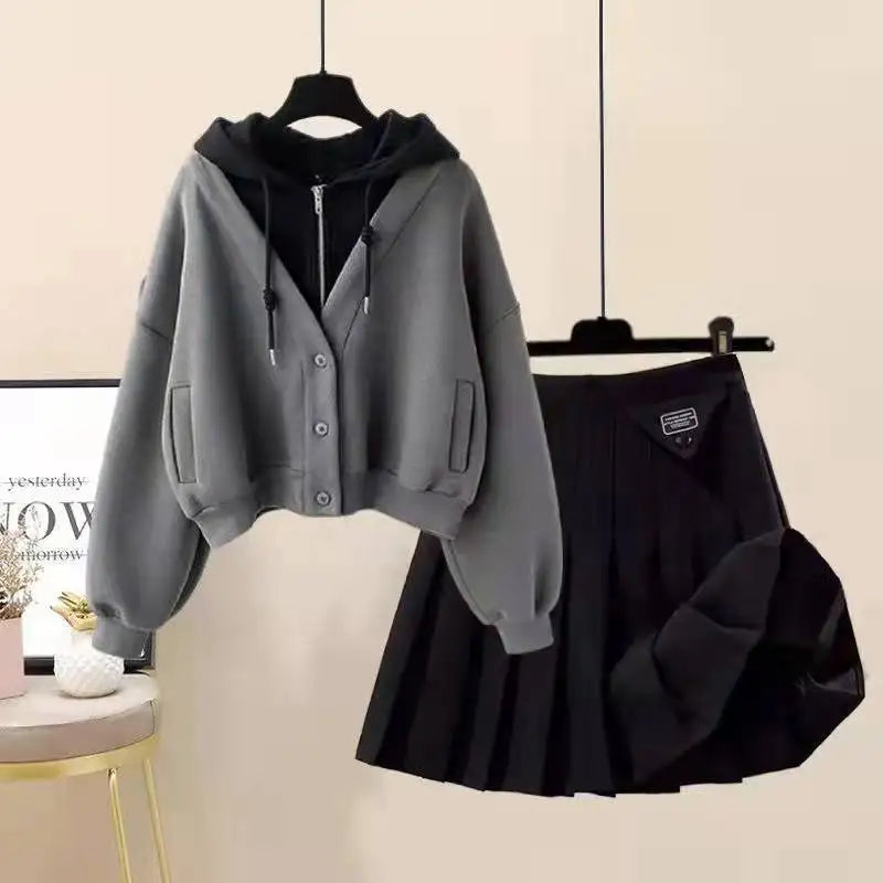 TAMBREET Plush Thickened Casual Long Sleeved Hooded Mini Pleated Skirt Two-piece Set Fashionable Women's Skirt Set