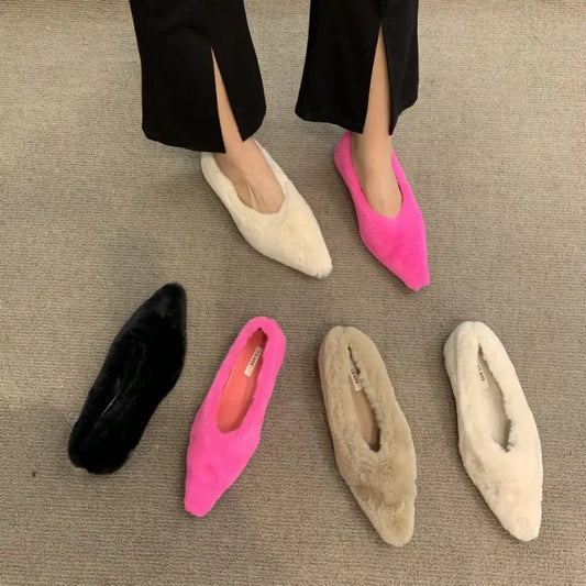 TAMBREET Pointed Toe Fur Ballet Flat Woman Shoes Winter Warm Plush Shallow Loafer Ladies Concise Furry Heeled Dress Shoes Zapatos Mujer