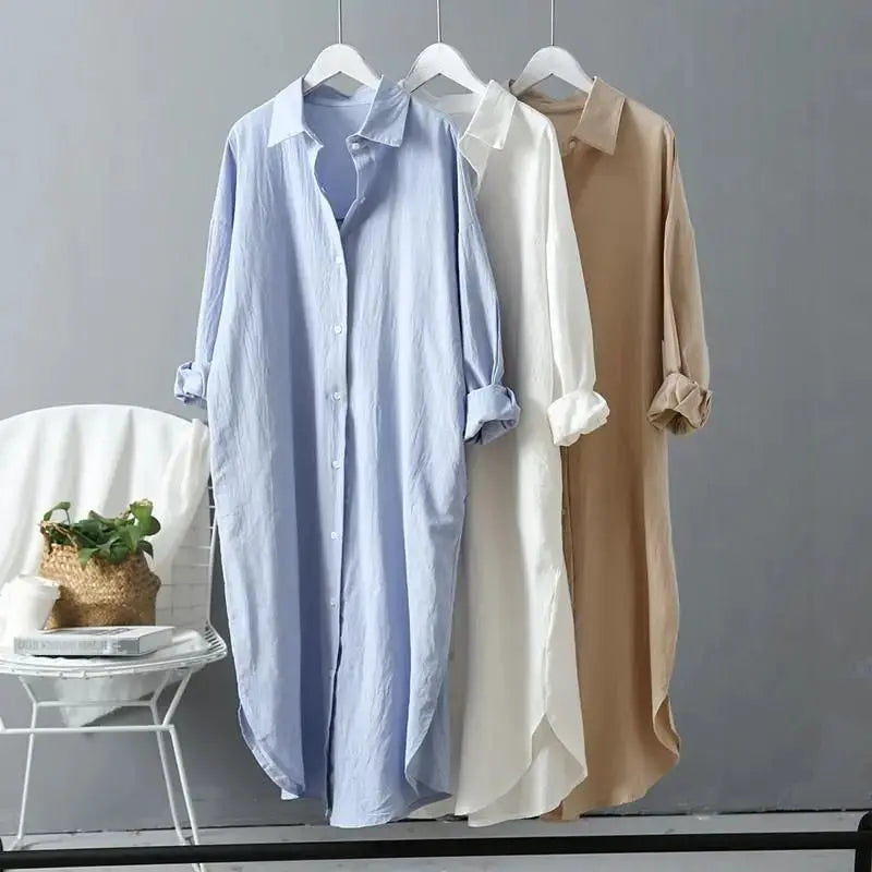 TAMBREET Polo-Neck Solid Casual Cotton Linen Long Sleeve X-Long Shirt Women's Blouse Shirt Korean Fashion Female Clothing Tops Spring